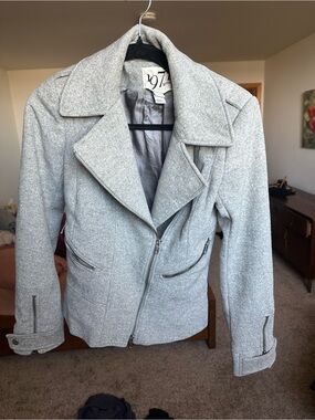 Light Gray Wool-Blend Pea Coat with Zip Details